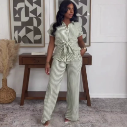 QZ-SH8368 | Striped Peplum Top and Trousers Set