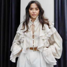 QZ-SH8443 | Ruffle Tie-Neck Blouse