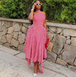 QZ-SH8479 | Gingham Halter Maxi Dress
