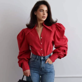 QZ-SH8550 | Puff-Sleeve Button-Front Blouse