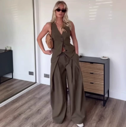 QZ-SH8675 | Sleeveless Vest and Wide-Leg Trousers Set