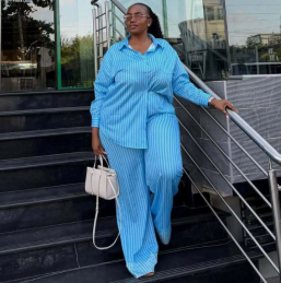 QZ-SH8738 | Striped Shirt and Wide-Leg Trousers Set