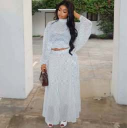 QZ-SH9245 | Polka-Dot Crop Top and Maxi Skirt Set