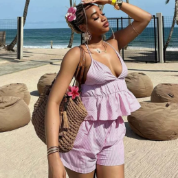 QZ-SH9319 | Striped Ruffle Top and Shorts Set