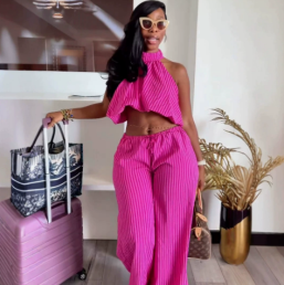 QZ-SH9563 | Textured Crop Top and Trousers Set