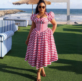 QZ-SH9688 | Striped Puff-Sleeve Midi Dress