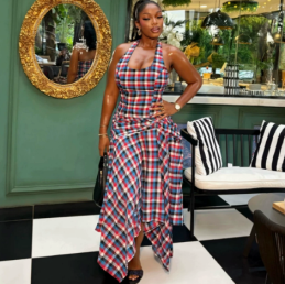 QZ-SH9718 | Plaid Halter Midi Dress