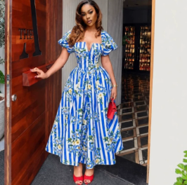 QZ-SH9960 | Printed Puff-Sleeve Midi Dress