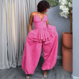 QZ-SH9963 | Striped Peplum Top and Trousers Set