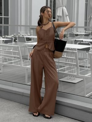 QS2TZ0267 | One-Shoulder Top and Wide-Leg Trouser Set