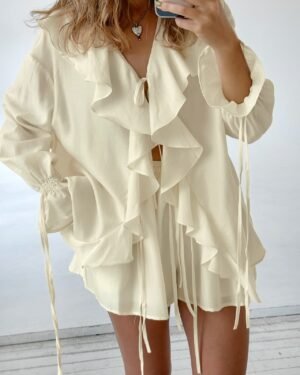 QS2TZ1076 | Ruffle Blouse and Wide-Leg Trouser Set