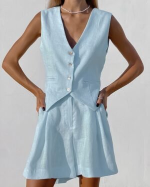 QS2TZ2215 | Sleeveless Button-Front Tailored Short Set