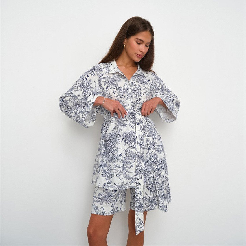 QS2TZ2849 | Floral Long-Sleeve Shirt and Short Set