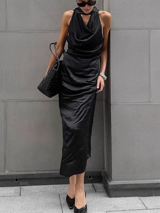 QSLYQ2212 | Cowl-Neck Satin Maxi Dress