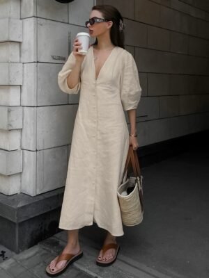 QSLYQ8344 | Relaxed V-Neck Maxi Dress