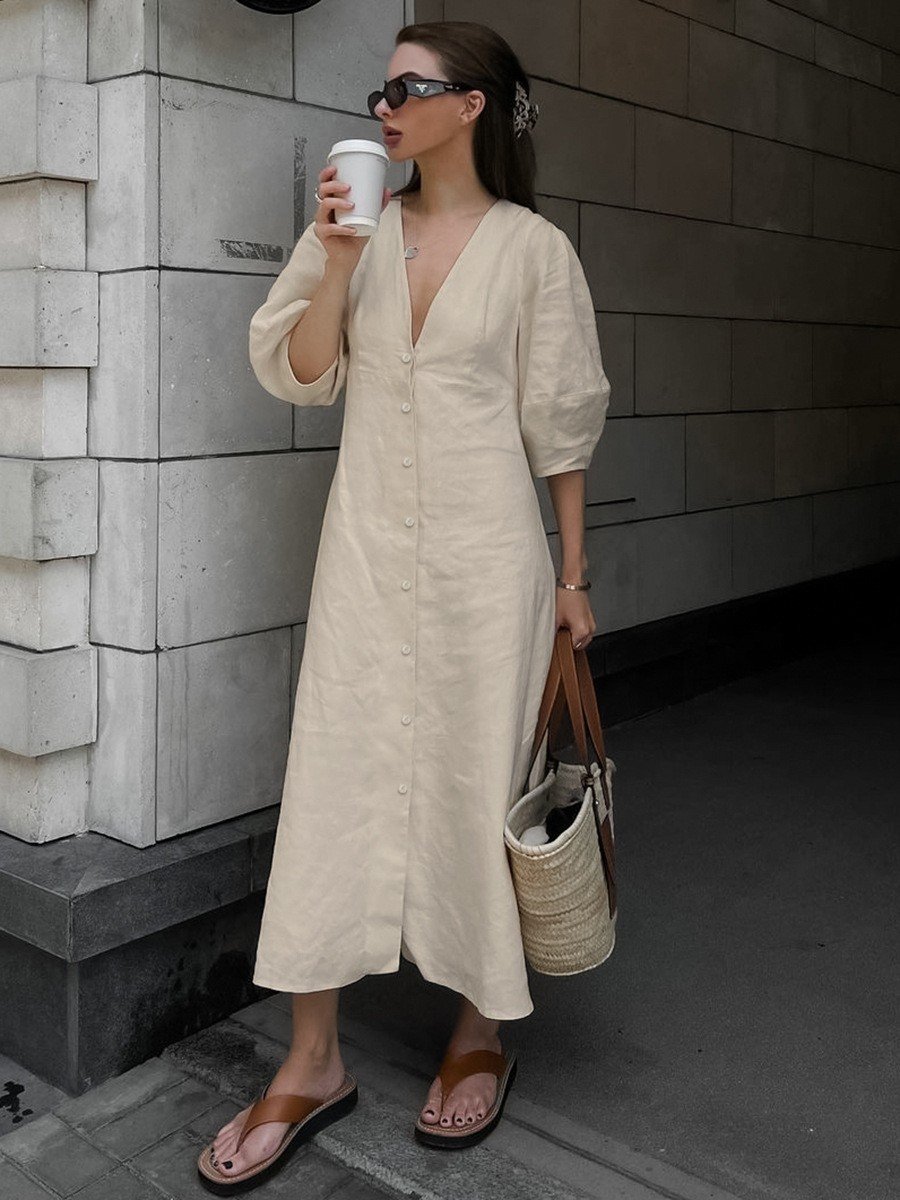 QSLYQ8344 | Relaxed V-Neck Maxi Dress