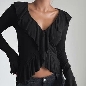 QSTX1397 | Ruched Ruffle Long-Sleeve Blouse