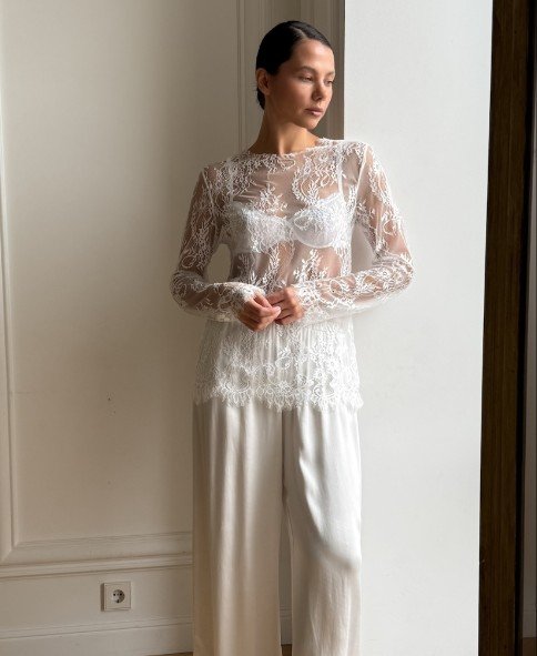 QSTX25403Y | Sheer Lace Long-Sleeve Blouse