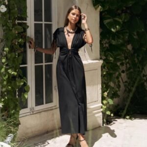FSB LYQ2358 | Noelle Lace-Up Plunge Maxi Dress