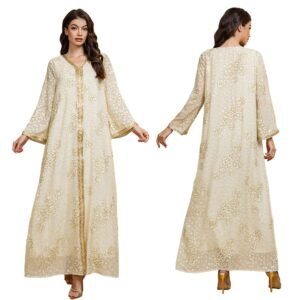 XQY500383 | Sequin-Trim Floral Chiffon Abaya
