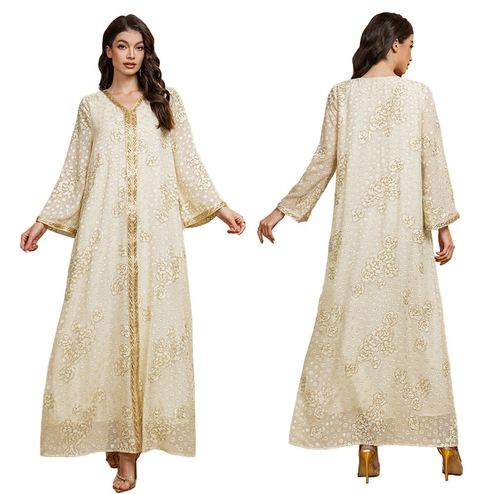 XQY500383 | Sequin-Trim Floral Chiffon Abaya