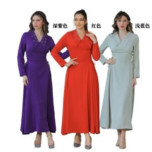 XQY500398 | Crystal V-Neck Belted Abaya Dress