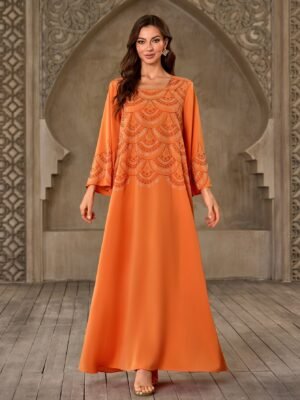 XQY500408 | Crystal Round-Neck Loose Abaya Dress