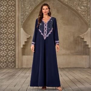 XQY500409 | Crystal V-Neck Loose Abaya Dress
