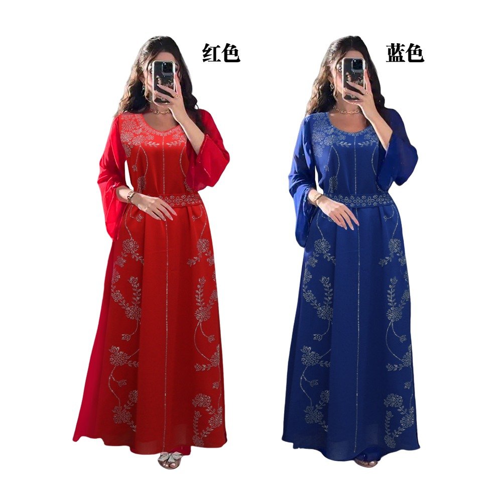 XQY500415 | Crystal Round-Neck Chiffon Abaya Dress