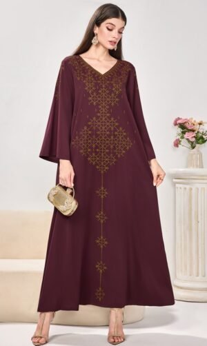 XQY500417 | Crystal V-Neck Relaxed Abaya Dress
