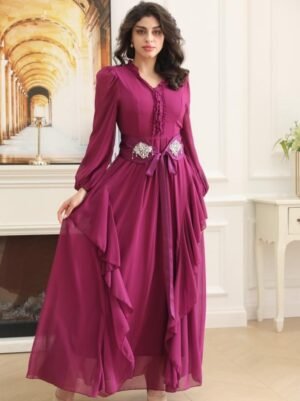 XQY500453 | Ruffle-Trim Fitted Chiffon Abaya Dress