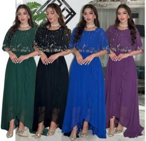 XQY500473 | Crystal-Trim Round-Neck Chiffon Abaya Dress