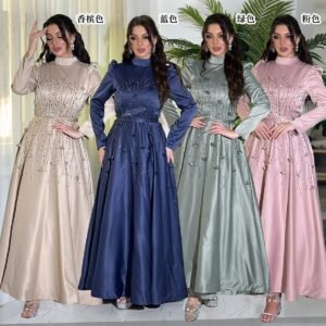 XQY500479 | Beaded Burnout Satin Evening Abaya Gown