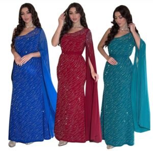 XQY500489 | Crystal-Embellished Chiffon Belted Abaya Dress