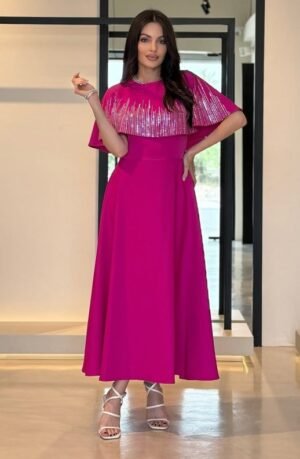 XQY500490 | Crystal-Trim Waist-Defined Muslim Abaya Dress