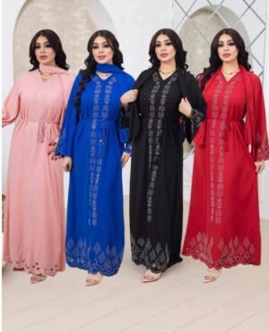 XQY500495 | Burnout Floral Belted V-Neck Abaya Dress