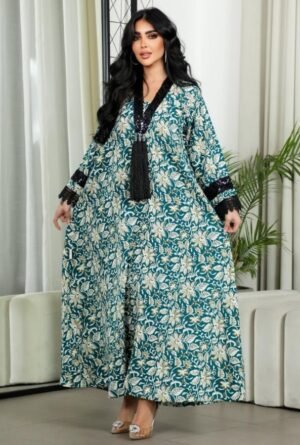 XQY500498 | Tassel-Trim Printed V-Neck Abaya Dress