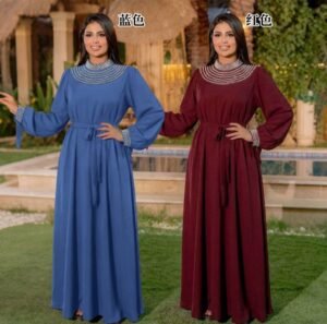 XQY500510 | Crystal-Trim High-Neck Belted Modest Dress